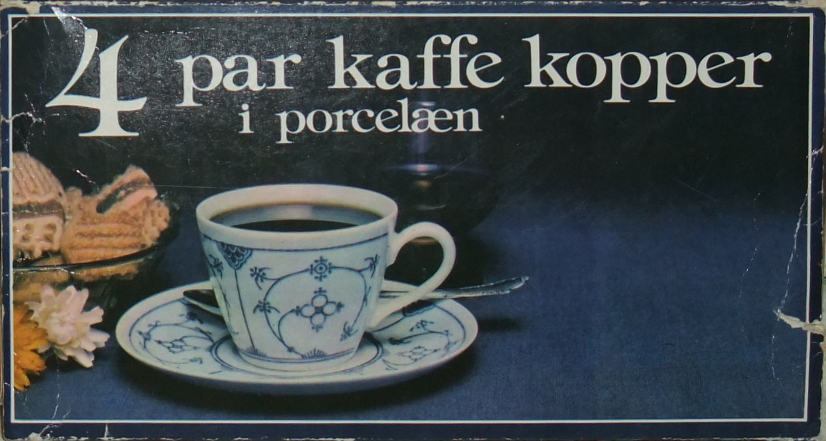 Originalverpackung für den Dänischen Markt (1980er): Jäger Eisenberg DDR • 4 par kaffe kopper i porcelæn • TÅLER MASKINOPVASK